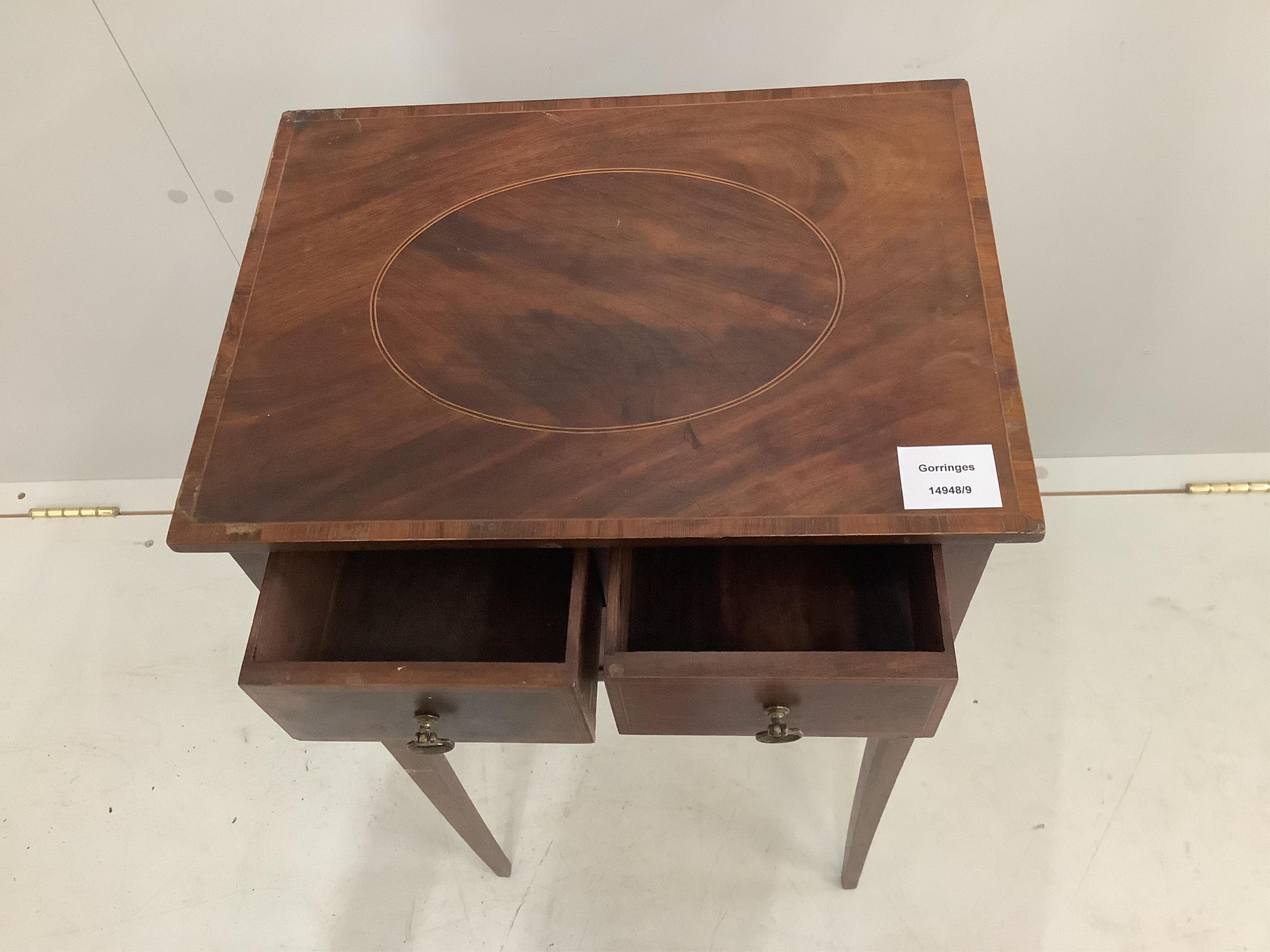 A small George III style inlaid mahogany three drawer occasional table, width 38cm, depth 28cm, height 73cm. Condition - fair